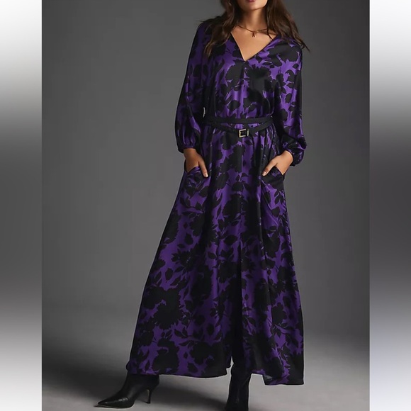 Delfi Collective V-neck Maxi Dress Anthropologie Silk Blend Purple Floral Pocket - Picture 1 of 12